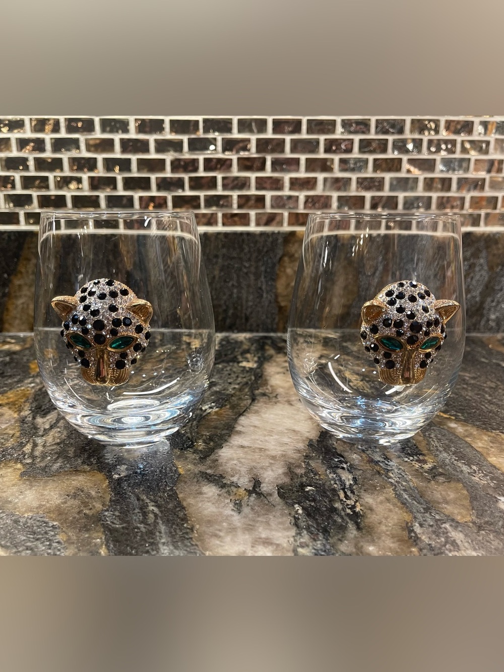 Stemless Wine Glasses with Gold Jeweled Leopard Accent - Set of 2